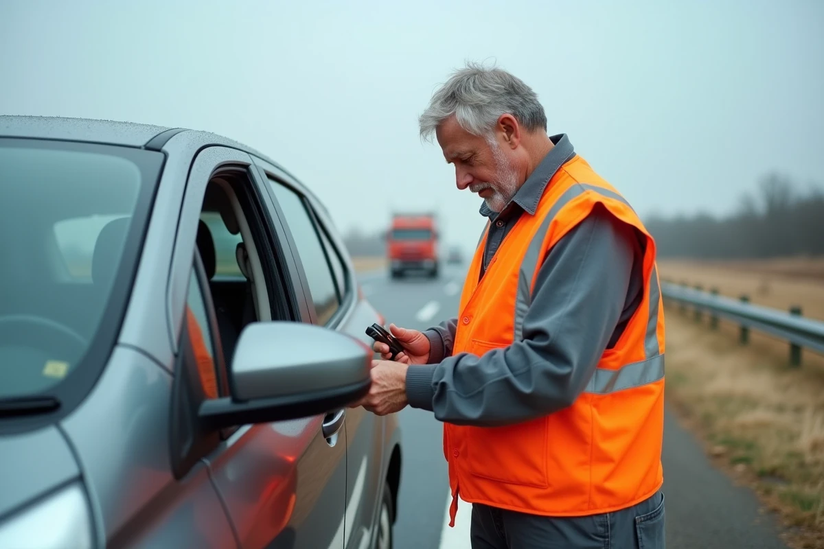 Technicien de dépannage automobile utilisant un outil professionnel pour ouvrir une voiture verrouillée sur le bord de la route