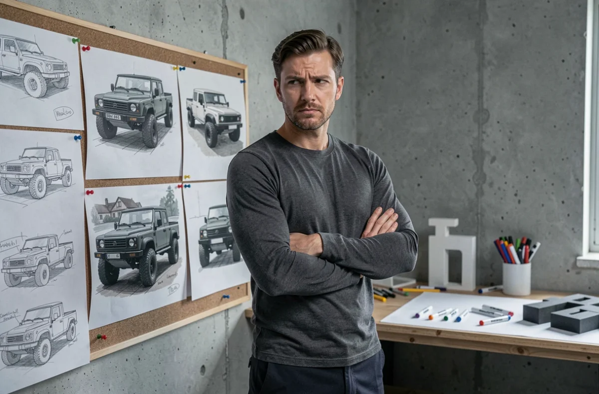 Designer automobile devant des esquisses de véhicule Dacia Sandman dans un studio de conception, exprimant le doute sur la faisabilité du projet
