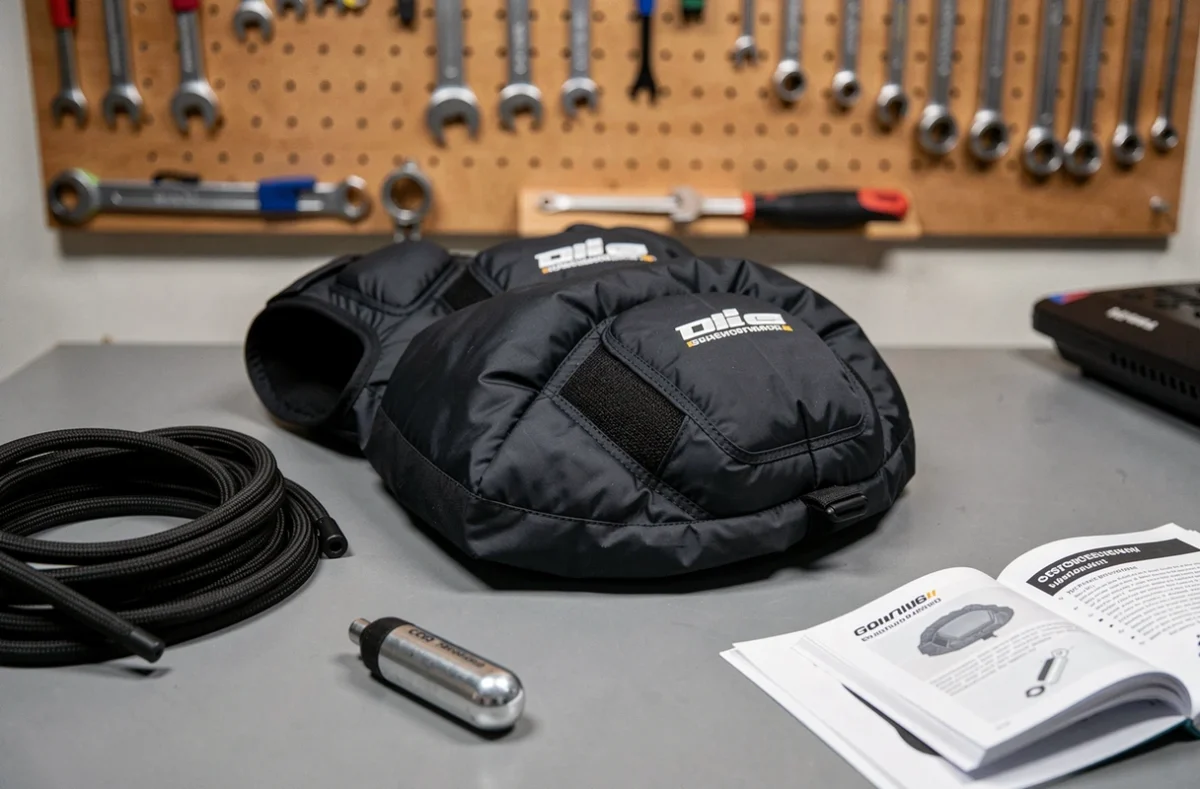 Gilet airbag moto gonflé en gros plan avec accessoires techniques sur table d'atelier