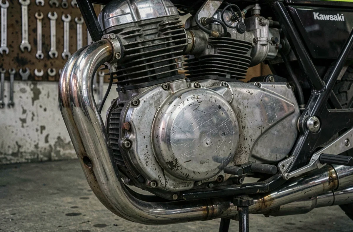 Détail du moteur et des échappements chrome d'une Kawasaki GPz900R de Top Gun dans un garage vintage