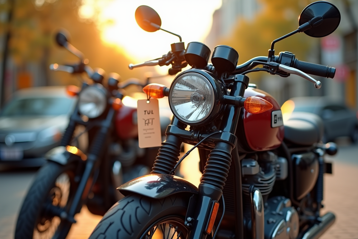 Deux motos garées en ville avec étiquette de prix en plein jour