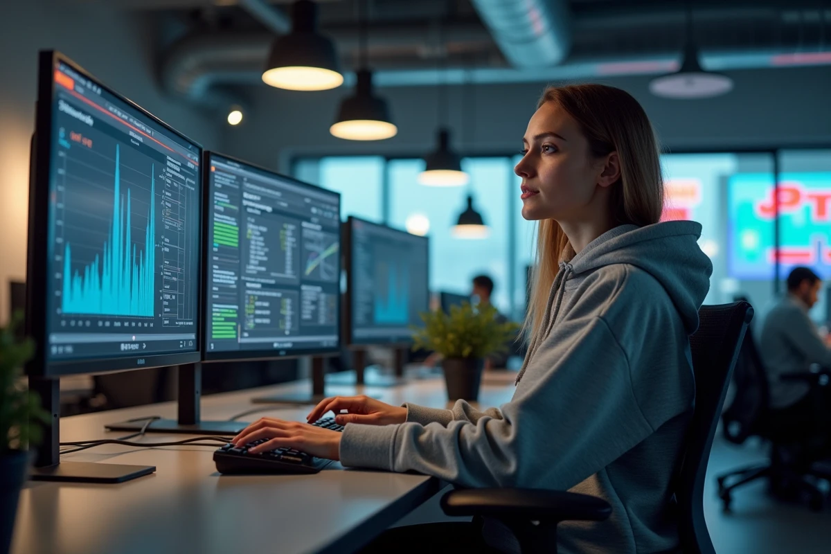 Développeuse logicielle analysant des données de simulation de transmission automobile sur plusieurs écrans en bureau tech