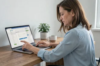 Femme demandant un devis d'assurance auto en ligne sur un ordinateur portable depuis son bureau à domicile