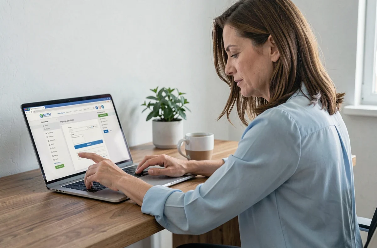 Femme demandant un devis d'assurance auto en ligne sur un ordinateur portable depuis son bureau à domicile