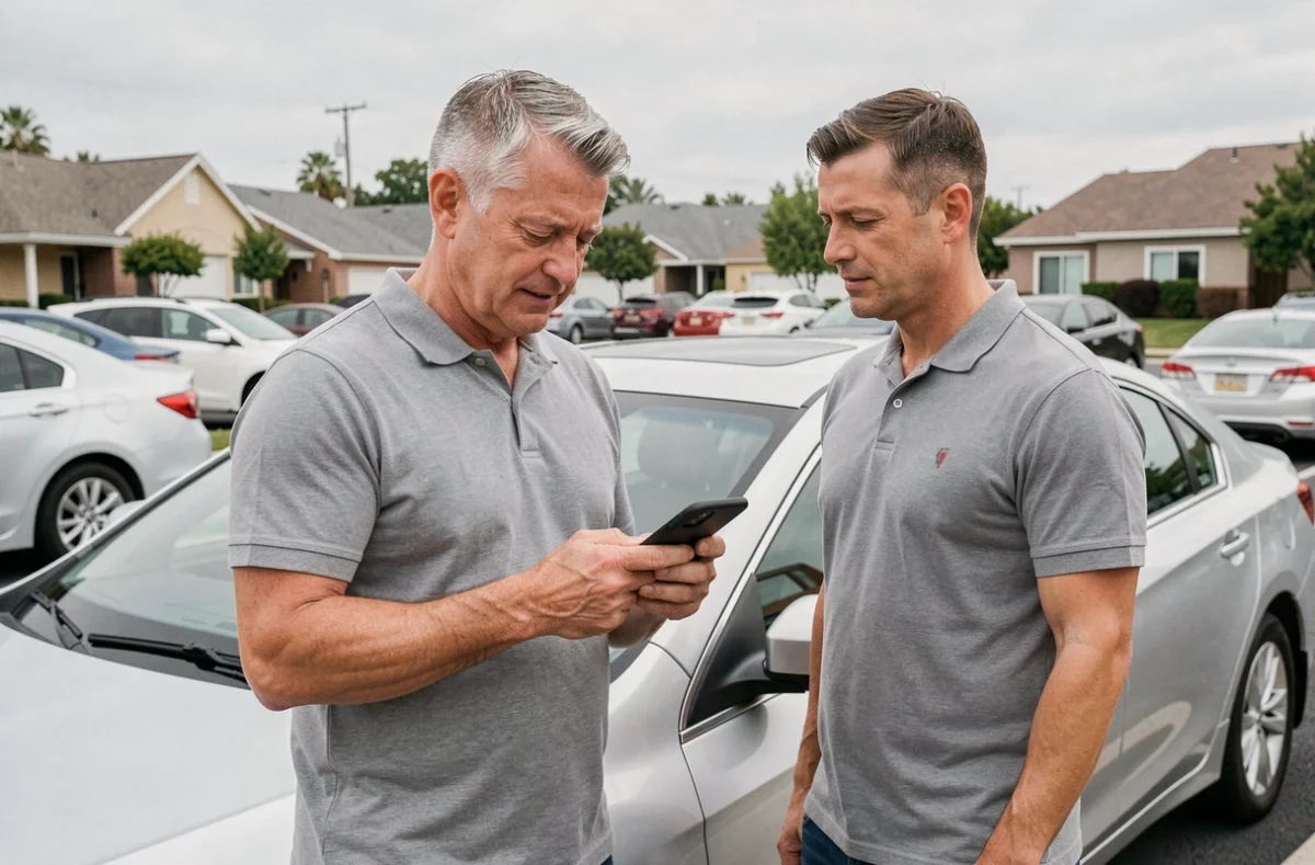 Homme consultant son smartphone pour un devis d'assurance auto Eurofil à côté de sa voiture