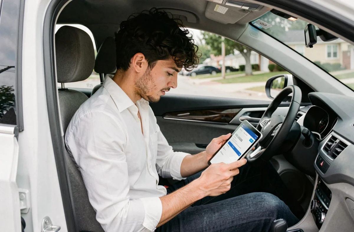 Jeune homme consultant un devis assurance auto sur tablette assis dans l'habitacle de sa voiture