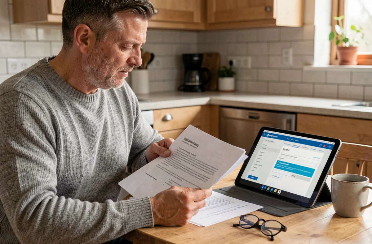 Homme comparant des devis d'assurance moto sur tablette et documents papier dans une cuisine