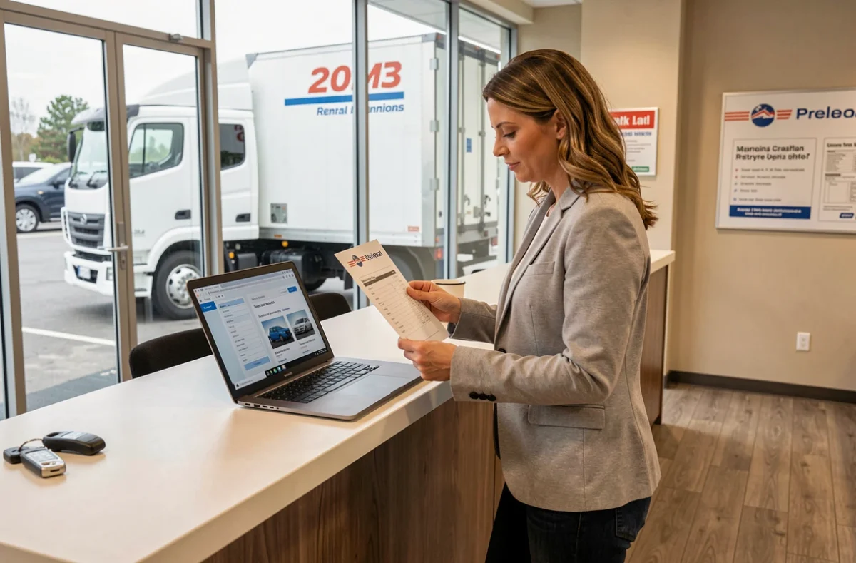 Cheffe d'entreprise consultant un devis de location de camion 20m3 dans une agence de location véhicule utilitaire