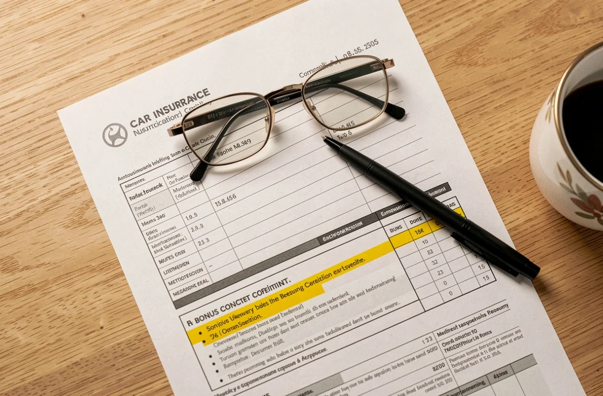 Document de contrat d assurance auto avec coefficient bonus souligné posé sur une table