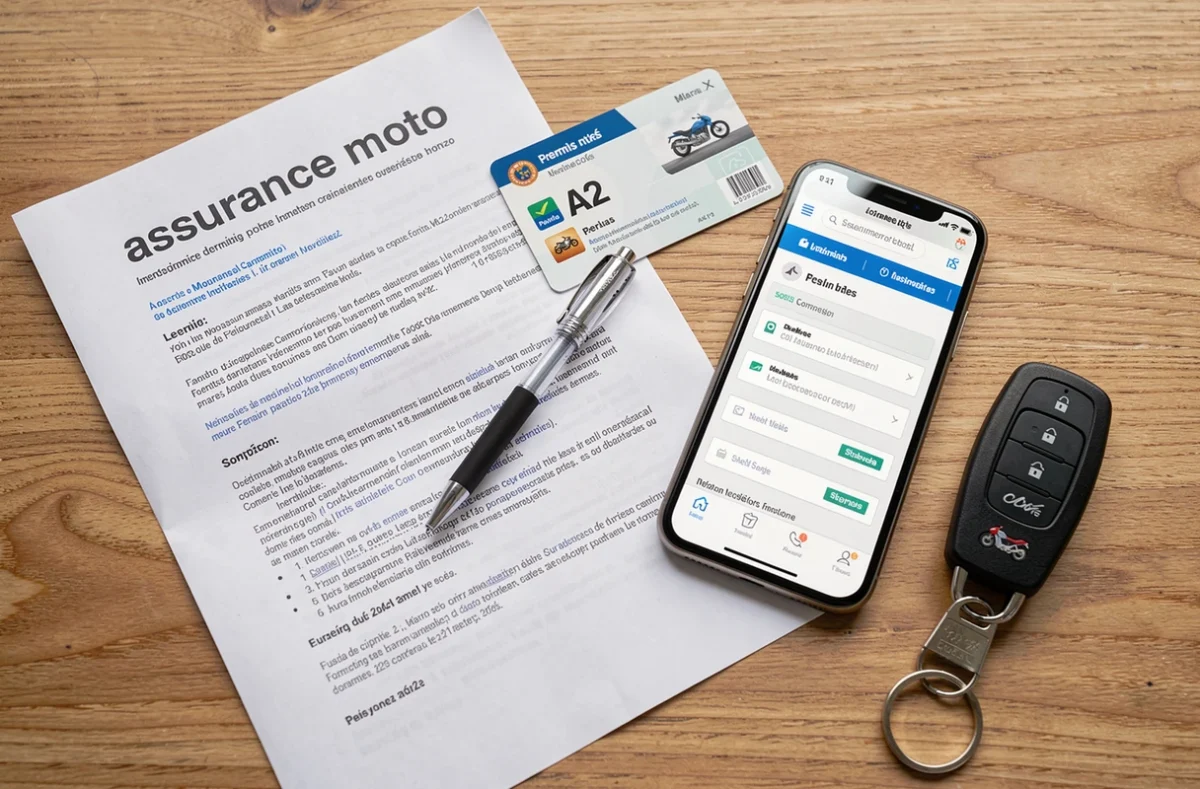 Documents d'assurance moto, permis A2 et smartphone sur un bureau en bois pour comparer les assurances