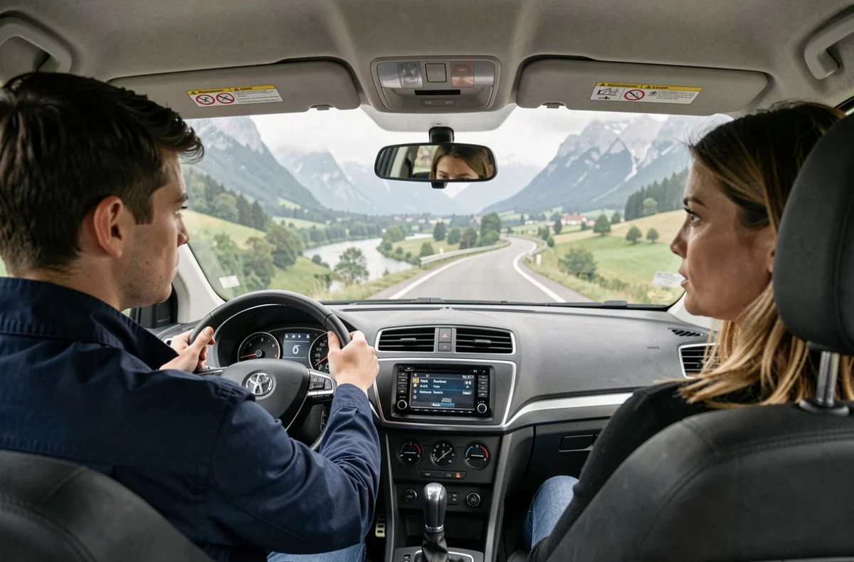 Élève au volant sur une route de montagne vosgienne lors d'une leçon avec l'ECF Brèche de Remiremont