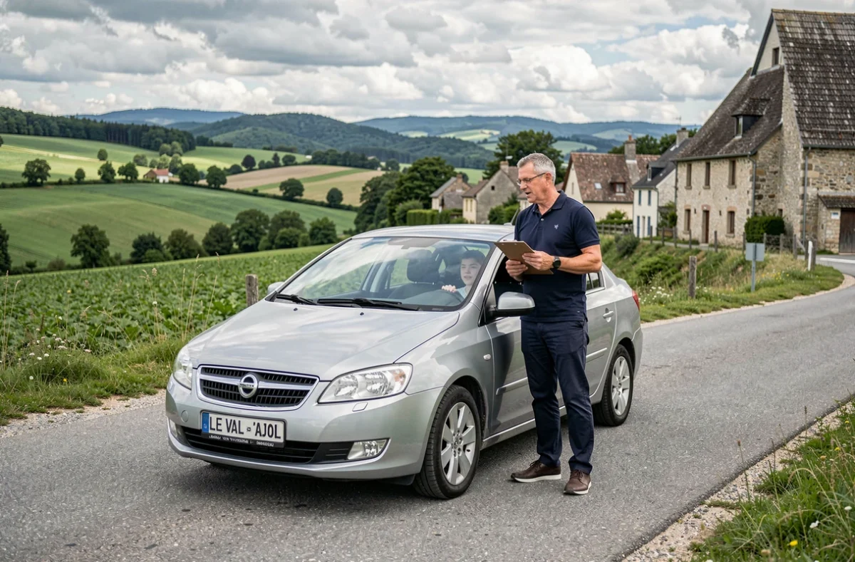 Instructeur de l'ECF Brèche du Val d'Ajol donnant des conseils à un élève sur une route rurale vosgienne