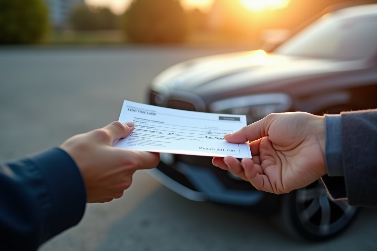 Main échangeant contrat et chèque devant voiture neuve