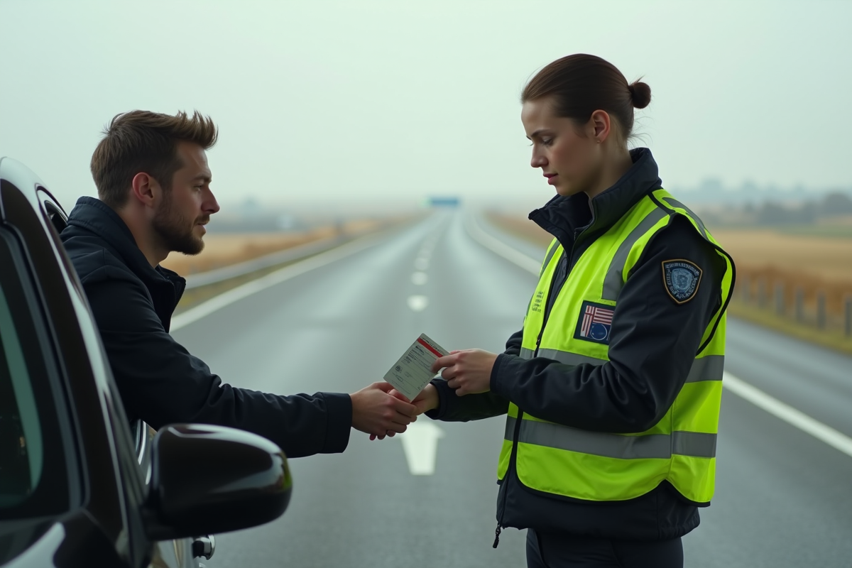 Échange de permis entre conducteur et policière sur la route
