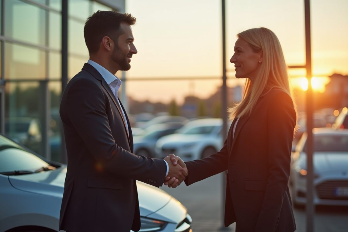 Signature entre un vendeur et un client devant une voiture