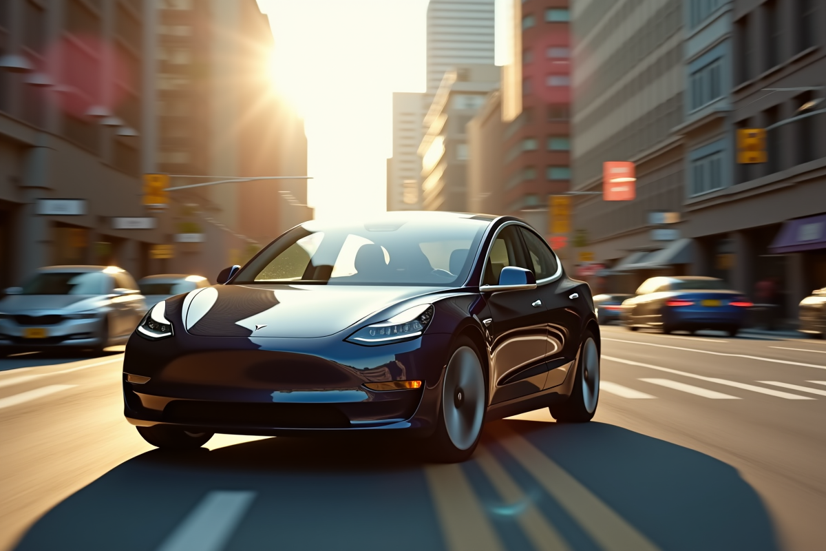Elon Musk conduisant une Tesla Model 3 en ville en journée
