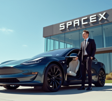 Elon Musk sortant d'une Tesla Model S devant SpaceX ensoleillé