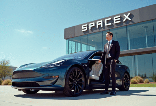 Elon Musk sortant d'une Tesla Model S devant SpaceX ensoleillé