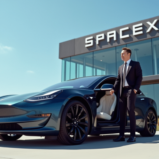 Elon Musk sortant d'une Tesla Model S devant SpaceX ensoleillé