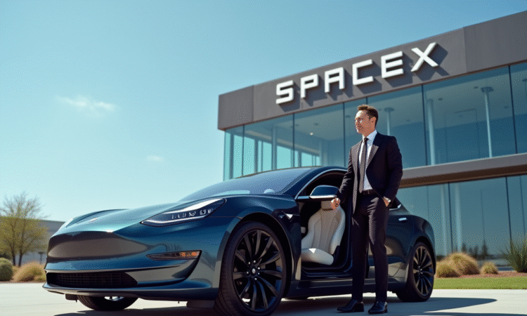 Elon Musk sortant d'une Tesla Model S devant SpaceX ensoleillé