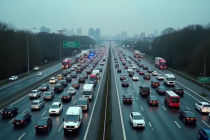 Embouteillage sur l'autoroute dans la métropole lilloise suite à un accident, vue aérienne depuis un pont