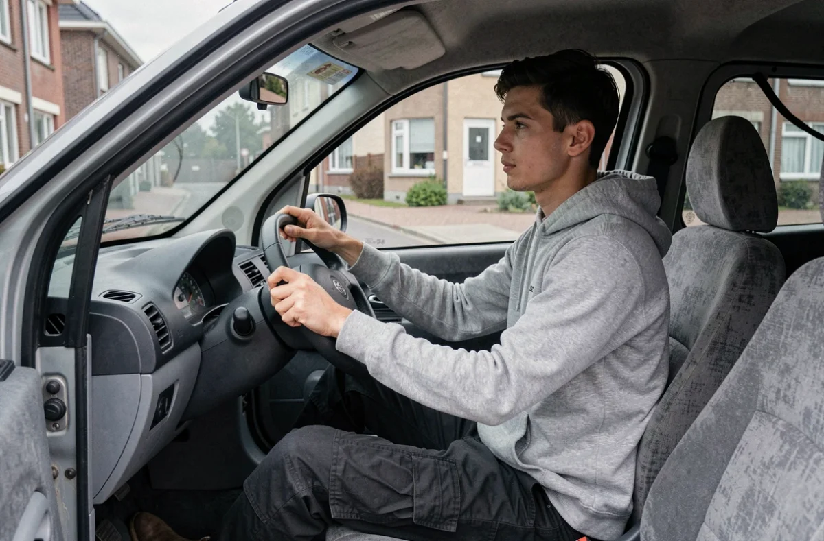 Jeune homme au volant d'une voiture sans permis d'occasion lors d'un essai à Lille