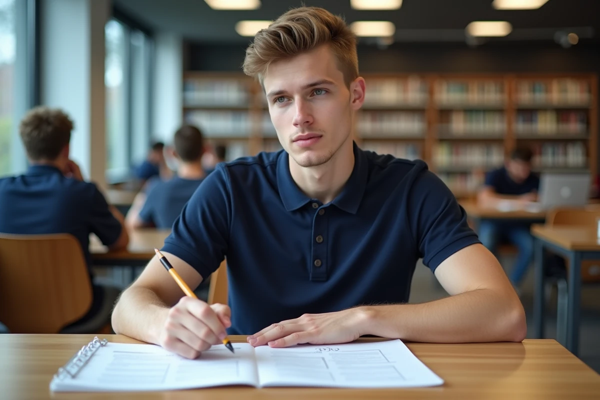 Jeune homme étudiant un PDF de révision du code de la route dans une bibliothèque publique avec un crayon à la main