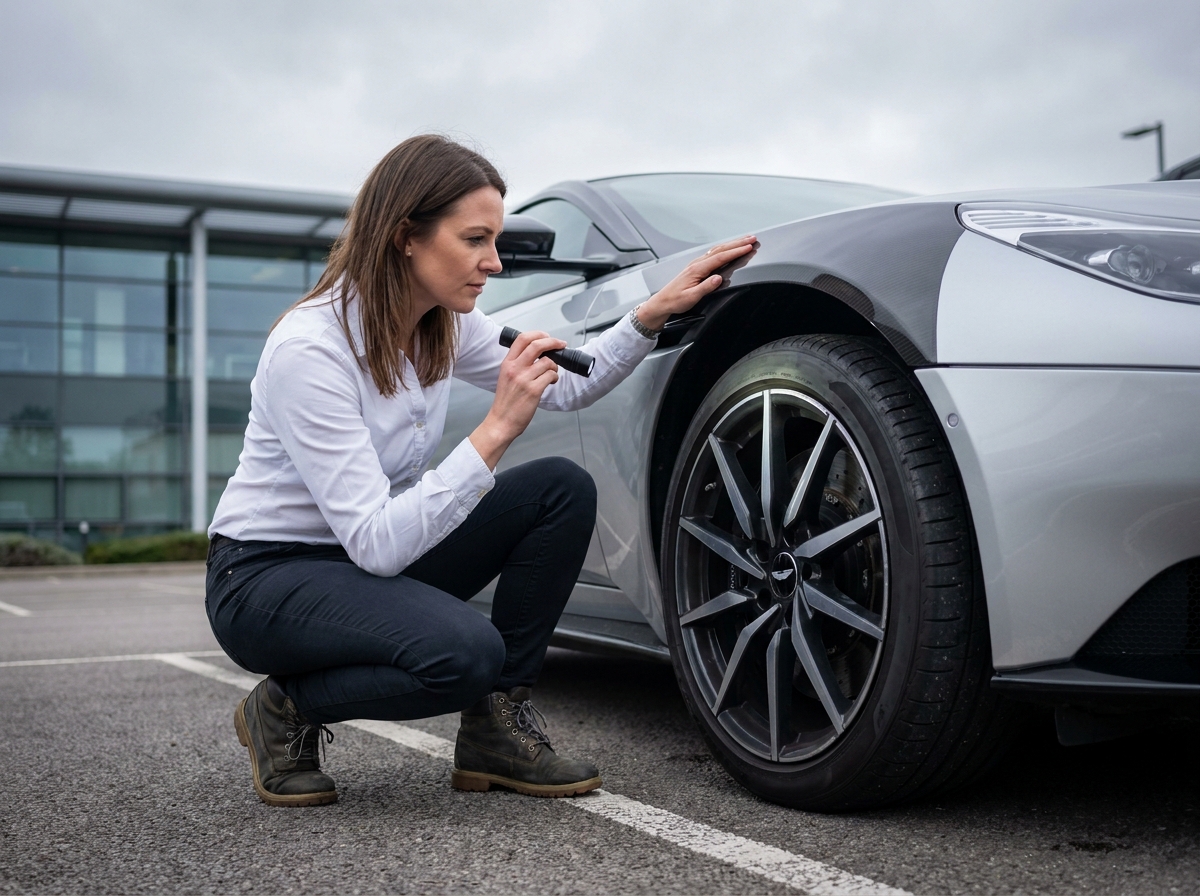 Experte automobile féminine inspecte le soubassement d'une supercar argentée dans un parking privé