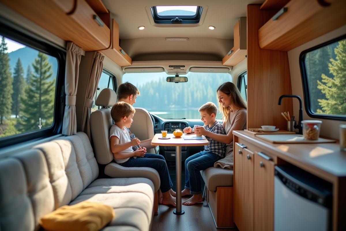 Famille dans camper intérieur avec vue forêt