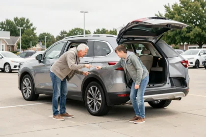 Famille avec deux adolescents qui examine un grand SUV familial 7 places dans un parking de concession automobile