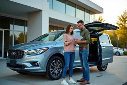 Famille devant une voiture bleue dans un concessionnaire