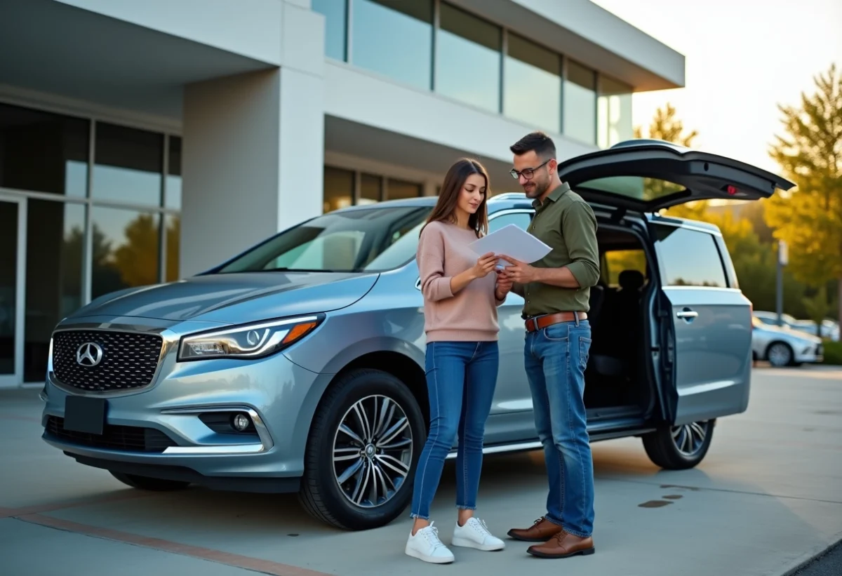 Famille devant une voiture bleue dans un concessionnaire