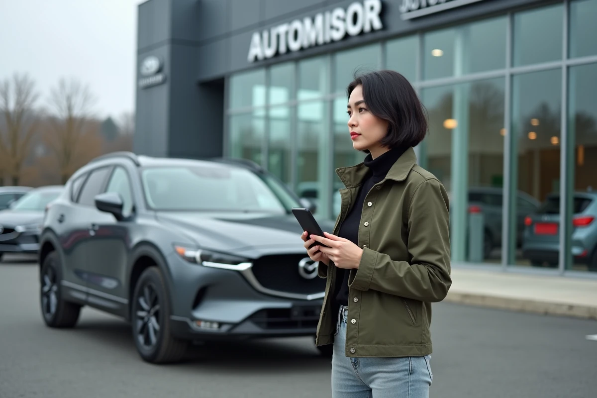 Femme passionnée d'automobile consultant des actualités auto sur smartphone devant un SUV moderne chez un concessionnaire