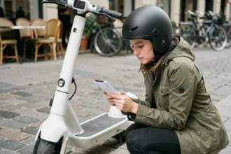 Jeune femme consultant son assurance scooter électrique 125 sur smartphone, casque sur la tête, en milieu urbain