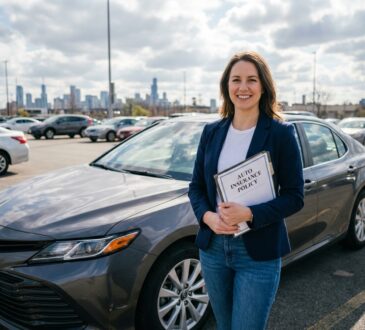 Femme souriante avec documents d'assurance voiture en extérieur
