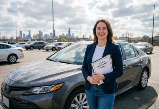 Femme souriante avec documents d'assurance voiture en extérieur