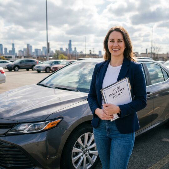 Femme souriante avec documents d'assurance voiture en extérieur