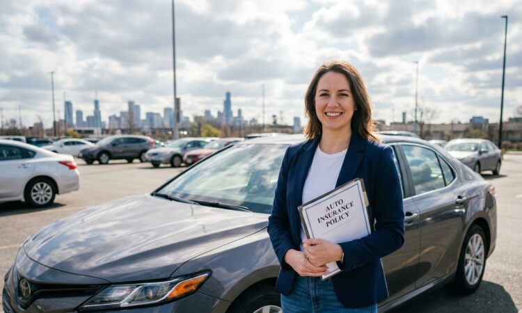 Femme souriante avec documents d'assurance voiture en extérieur