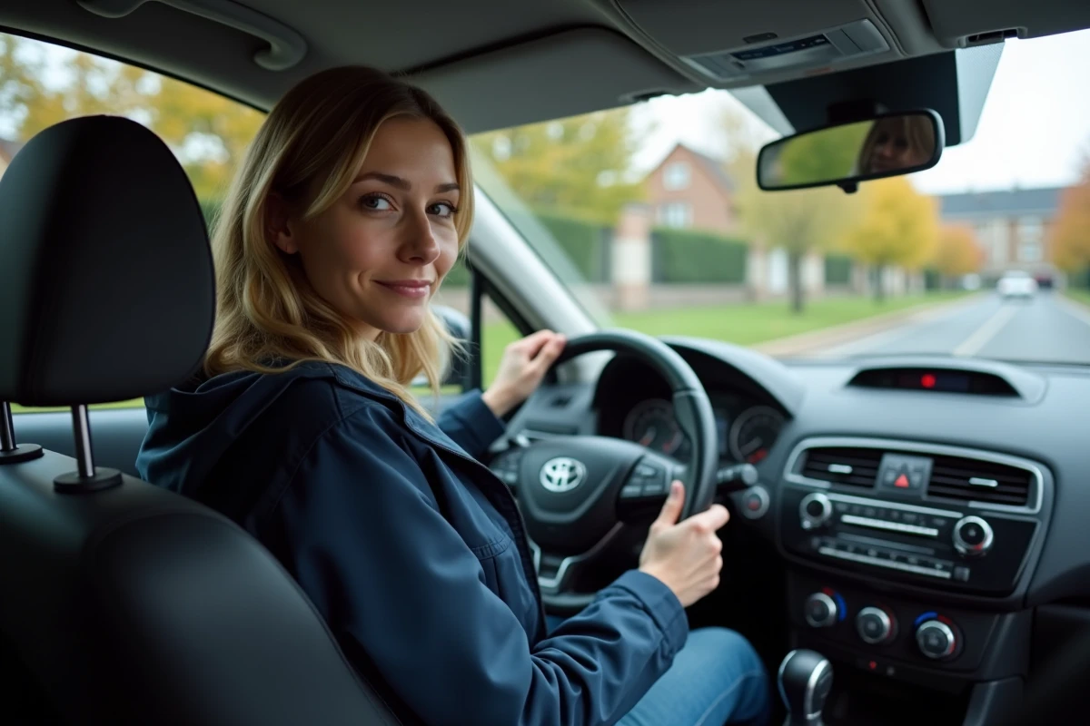 Femme au volant d'un véhicule d'auto-école lors d'une reprise d'examen du permis de conduire