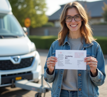 Femme souriante avec permis de conduire et voiture blanche