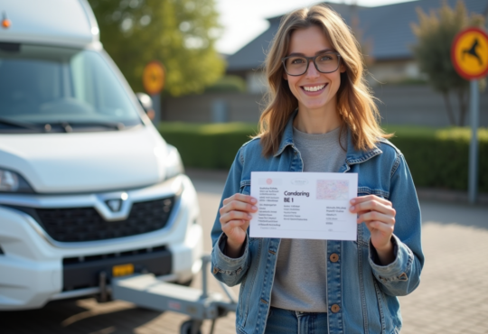 Femme souriante avec permis de conduire et voiture blanche