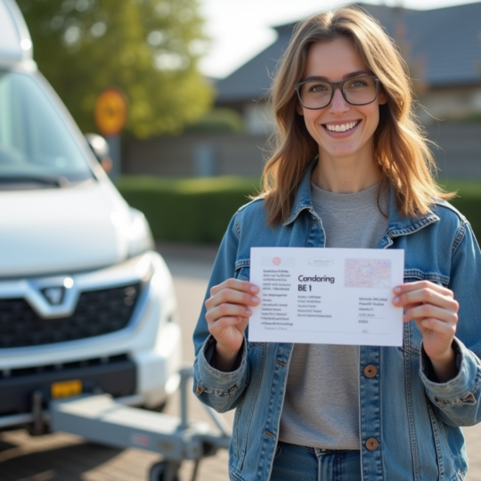 Femme souriante avec permis de conduire et voiture blanche