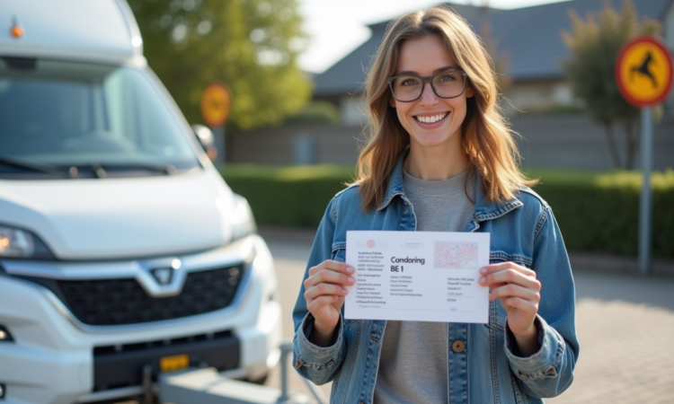 Femme souriante avec permis de conduire et voiture blanche
