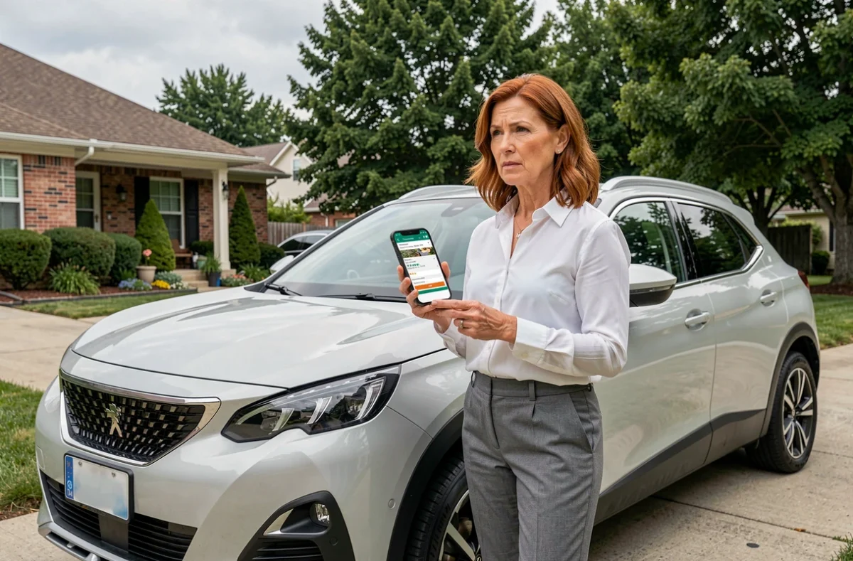 Une femme vérifiant les avis consommateurs sur son smartphone à côté d'une Peugeot 2026