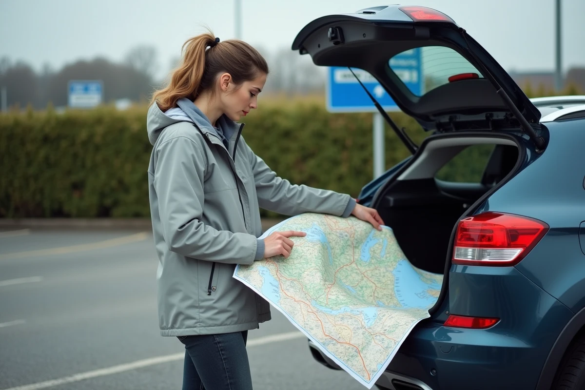 Femme debout près du coffre de sa voiture, consultant une carte des autoroutes de France dans une station-service