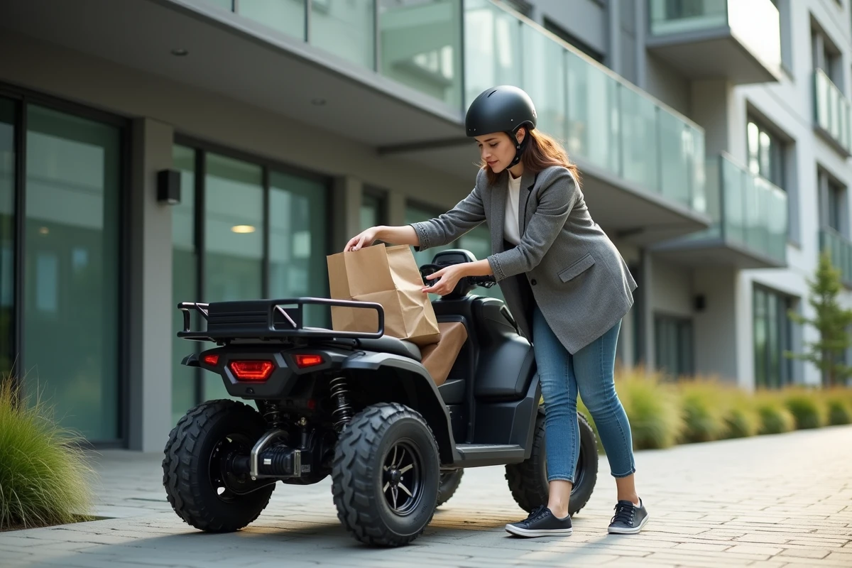 Femme déchargeant un sac de courses du quad électrique en ville