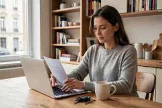 Femme comparant des offres d'assurance auto sur son ordinateur portable à la maison en 2026