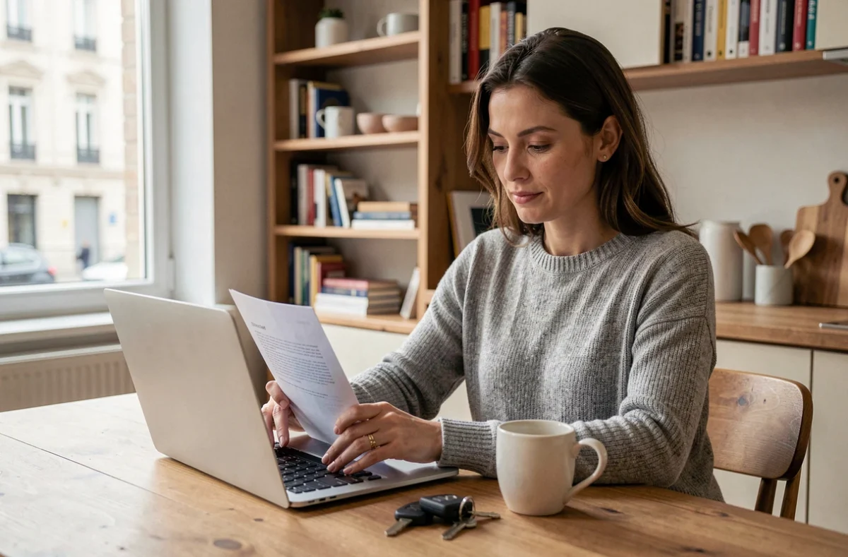 Femme comparant des offres d'assurance auto sur son ordinateur portable à la maison en 2026