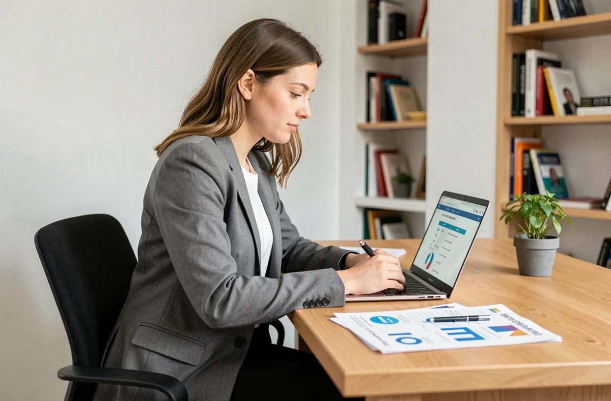 Femme comparant des offres d'assurance scooter Znen sur ordinateur portable à son bureau