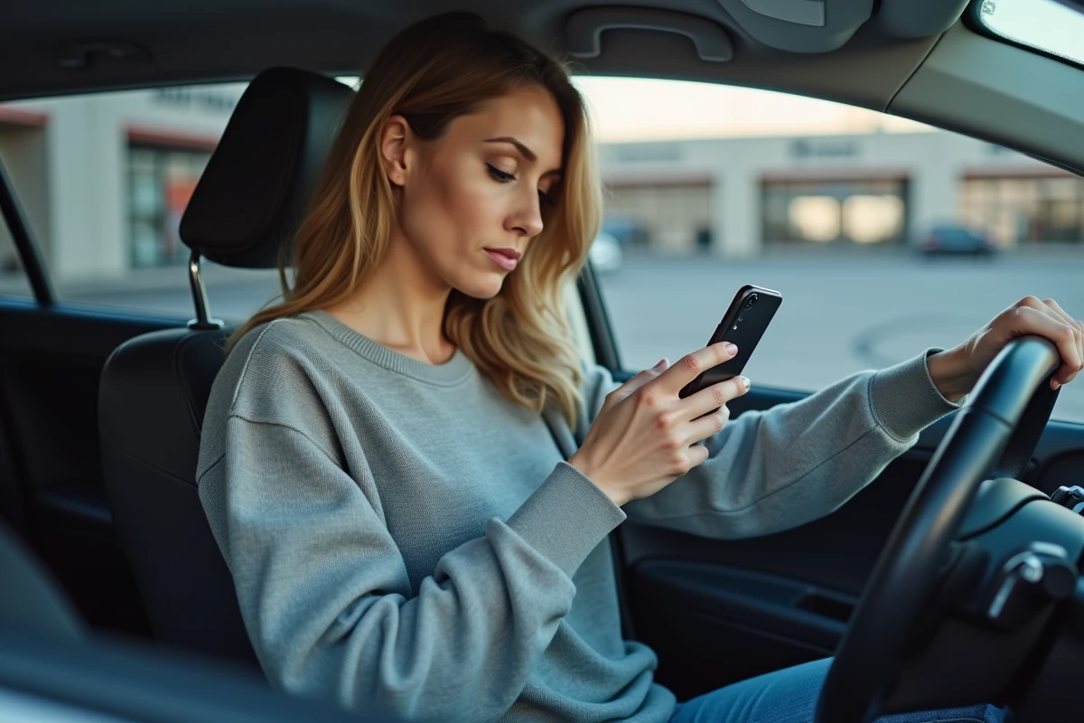 Femme consultant les prix de carte grise sur son téléphone assise dans sa voiture devant un centre auto